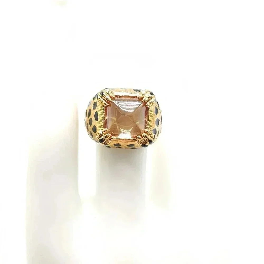 UNCAS Gold Vermeil Over Silver Black Enamel Spotted Leopard Peach Cab Ring Sze 7